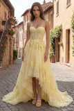 Yellow Strapless A Line Tulle Corset High-Low Ball Dress with Floral Embroidery