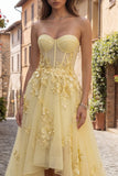Yellow Strapless A Line Tulle Corset High-Low Ball Dress with Floral Embroidery