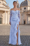 Yellow Sheath Off the Shoulder Floral Embroidery Tulle Long Ball Dress with Ruffled Slit