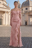 Yellow Sheath Off the Shoulder Floral Embroidery Tulle Long Ball Dress with Ruffled Slit