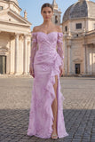 Yellow Sheath Off the Shoulder Floral Embroidery Tulle Long Ball Dress with Ruffled Slit