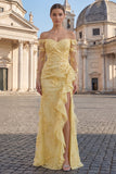 Yellow Sheath Off the Shoulder Floral Embroidery Tulle Long Ball Dress with Ruffled Slit