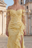 Yellow Sheath Off the Shoulder Floral Embroidery Tulle Long Ball Dress with Ruffled Slit