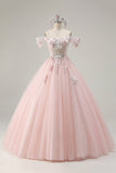Off the Shoulder Pink Appliqued Ball Gown Quinceanera Dress
