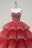 Tiered Ball Gown Strapless Red Beaded Quinceanera Dress