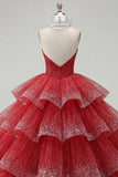Tiered Ball Gown Strapless Red Beaded Quinceanera Dress