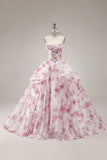 Ball Gown Strapless White Fuchsia Floral Quinceanera Dress