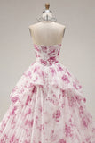 Ball Gown Strapless White Fuchsia Floral Quinceanera Dress