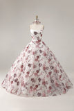 Ball Gown Strapless Corset White Red Floral Quinceanera Dress
