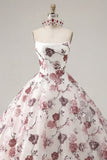 Ball Gown Strapless Corset White Red Floral Quinceanera Dress