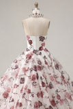 Ball Gown Strapless Corset White Red Floral Quinceanera Dress