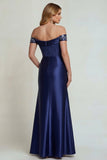 Navy Off the Shoulder Satin Appliqued Mother of the Bride Dress with Slit