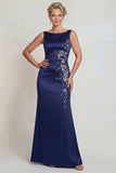 Navy Boat Neck Satin Long Mermaid Mother of the Bride Dress with Appliques