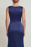 Navy Boat Neck Satin Long Mermaid Mother of the Bride Dress with Appliques