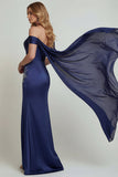 Navy Off the Shoulder Corset Appliqued Mermaid Mother of the Bride Dress with Slit