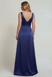 Navy V Neck Appliqued A Line Satin Mother of the Bride Dress with Slit