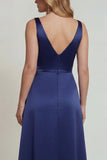 Navy V Neck Appliqued A Line Satin Mother of the Bride Dress with Slit