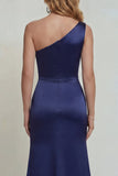 Navy One Shoulder Appliqued Mermaid Satin Mother of the Bride Dress with Slit