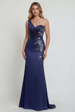 Navy One Shoulder Mermaid Satin Mother of the Bride Dress with Appliques