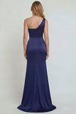 Navy One Shoulder Mermaid Satin Mother of the Bride Dress with Appliques