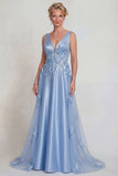 Blue Flower Appliqued V Neck Satin A Line Mother of the Bride Dress