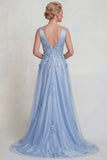Blue Flower Appliqued V Neck Satin A Line Mother of the Bride Dress