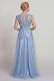 Blue Satin A Line Appliqued Lace Mother of the Bride Dress with Sleeve