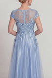Blue Satin A Line Appliqued Lace Mother of the Bride Dress with Sleeve