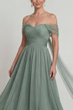 Off The Shoulder Chiffon A Line Dusty Sage Mother of the Bride Dress with Streamer