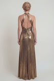 Halter Metallic Golden Sheath Open Back Mother of the Bride Dress with Slit