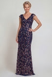 Sparkly Navy Sheath Cap Sleeves Long Mother of the Bride Dress with Sequins
