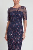 Burgundy Sheath Sequins Boat Neck Midi Mother of the Bride Dress