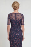 Burgundy Sheath Sequins Boat Neck Midi Mother of the Bride Dress
