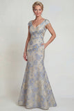 Dusty Blue Mermaid V Neck Floral Mother Of Bride Dress