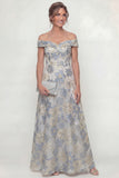 Dusty Blue A Line Floral Off The Shoulder Mother Of Bride Dress