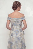 Dusty Blue A Line Floral Off The Shoulder Mother Of Bride Dress