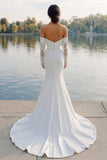 Ivory Satin Mermaid Off The Shoulder Sweep Train Wedding Dress with Sleeves
