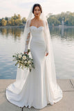 Ivory Satin Mermaid Off The Shoulder Sweep Train Wedding Dress with Sleeves