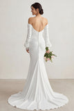 Ivory Chiffon Mermaid Appliqued Sweep Train Boho Wedding Dress with Sleeves