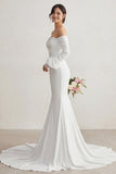 Ivory Chiffon Mermaid Appliqued Sweep Train Boho Wedding Dress with Sleeves