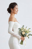 Ivory Sweetheart Mermaid Ruched Long Wedding Dress with Appliques