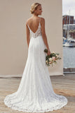 Ivory Spaghetti Straps A-Line Long Lace Appliqued Wedding Dress with Slit