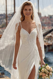 Ivory A-Line Spaghetti Straps Lace Appliqued Long Wedding Dress with Slit