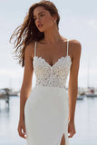 Mermaid Appliqued Ivory Spaghetti Straps Long Wedding Dress with Slit