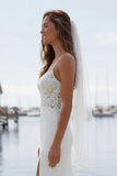 Mermaid Appliqued Ivory Spaghetti Straps Long Wedding Dress with Slit