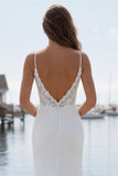 Mermaid Appliqued Ivory Spaghetti Straps Long Wedding Dress with Slit