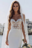 Ivory Mermaid Appliqued Satin Long Wedding Dress with Slit