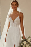 Ivory A Line Chiffon Lace Sweep Train Wedding Dress