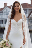 Ivory Mermaid Spaghetti Straps Lace Satin Sweep Train Wedding Dress