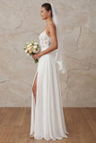 A Line Ivory Spaghetti Straps Lace Sweep Train Wedding Dress